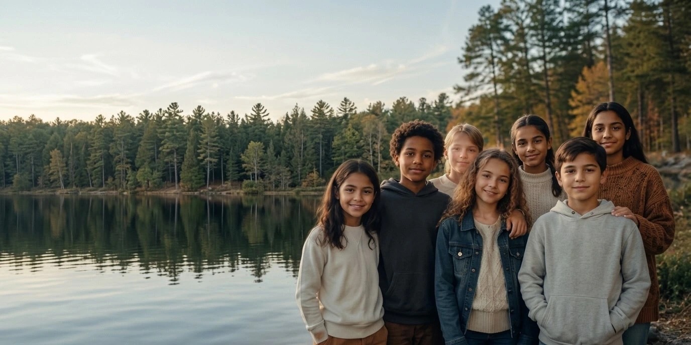 Diverse group of children standing together outdoors by a calm lake