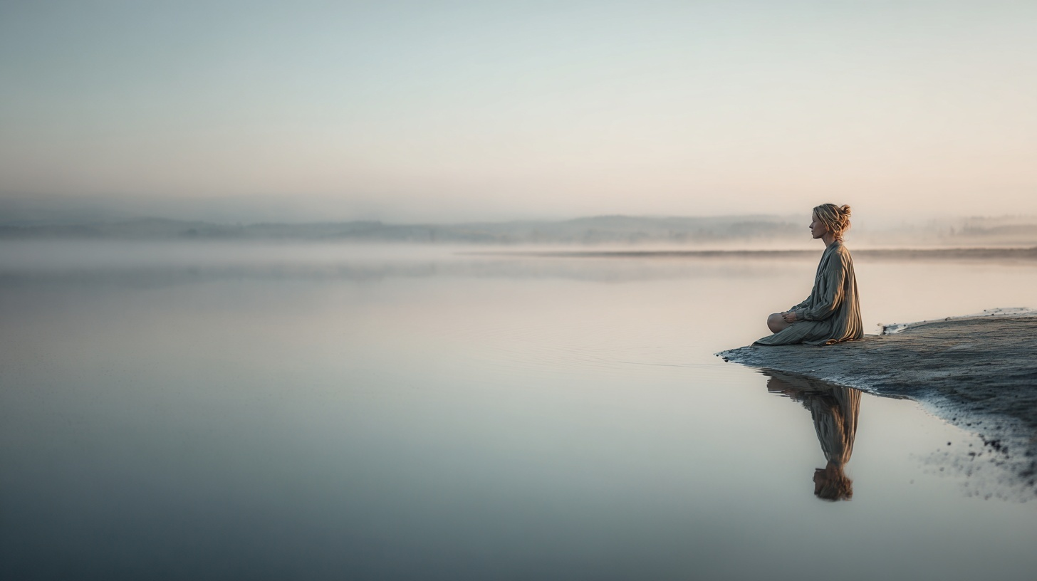 Peaceful woman sitting near calm water at sunrise