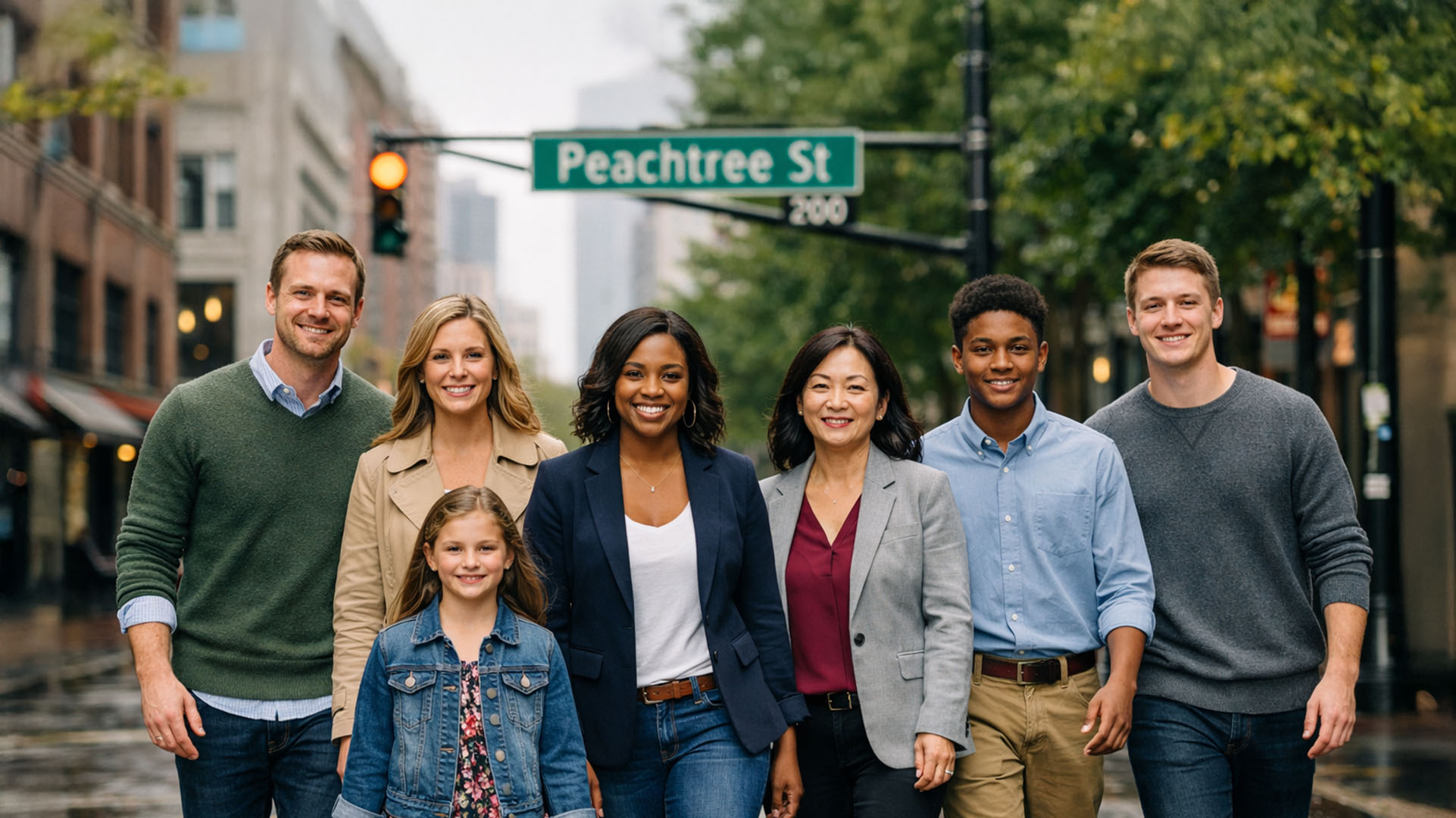Diverse group of people standing together on Peachtree Street in Atlanta